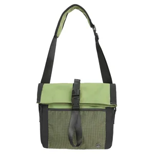 Large casual crossbody messenger bag with patchwork green design and adjustable strap
