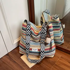 Borsa Tote in Paglia Intrecciata Bohemien da Donna Grande Capacità Borsa a Tracolla da Spiaggia Con Tracolla Larga Geometrica