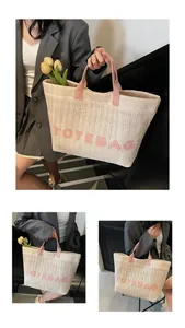 Détail du sac cabas en paille tissée avec lettrage en peluche rose et anses en cuir