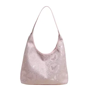 Pink butterfly jacquard hobo shoulder bag with elegant floral textures in a soft satin finish