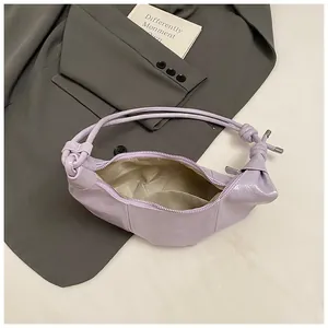 French minimalist light purple dumpling shoulder bag in shiny pleated PU leather material