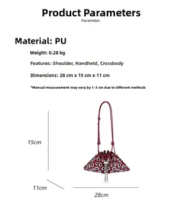 Detailed size chart for burgundy bucket bag with grommets showing 28cm x 15cm x 11cm
