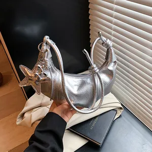 Women Fashion Crescent Underarm Bag Glossy Pleated PU Leather Shoulder Bag With Star Charm Minimalist Y2K Style Hobo Handbag