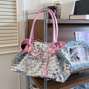 Borsa Tote con Paillettes Luccicanti per Donna Grande Capacità Borsa a Spalla Metallica Con Finiture in Pelle Sintetica Stile Y2K