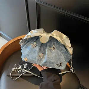 Women Ruffle Cloud Shoulder Bag Butterfly Decor Denim PU Leather Fashion Chain Crossbody Handbag Casual Bucket Bag