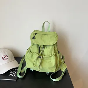 Women's Lightweight Nylon Drawstring Backpack Casual Outdoor Travel School Bag For Students Minimalist Multi Pocket Flap Daypack