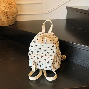 Women Fashion Mini Backpack PU Leather Bowknot Printed Embossed Small School Bag Daily Travel Commute Shoulder Bag Gold Zipper Casual Daypack