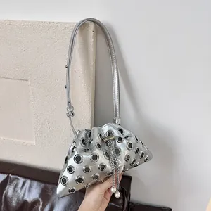 Punk Style PU Leather Bucket Bag With Metal Grommets And Chain Artificial Pearl Decor Women Fashion Rivet Shoulder Crossbody Bag