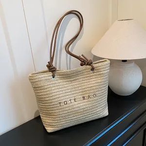 Large Capacity Straw Woven Tote Bag For Women Summer Beach Vacation Casual Shoulder Bag Handwoven Handbag Letter Print