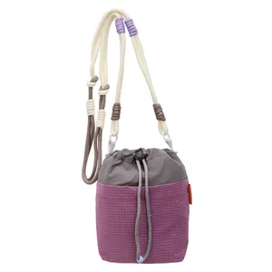 Outdoor leisure drawstring bucket bag with purple plaid contrast and woven rope strap