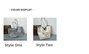 Detailed comparison of striped canvas tote bags in grey and off-white color options