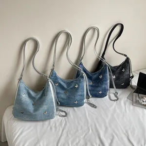 Sacs à bandoulière en denim grande capacité à décor papillon en quatre couleurs avec chaînes