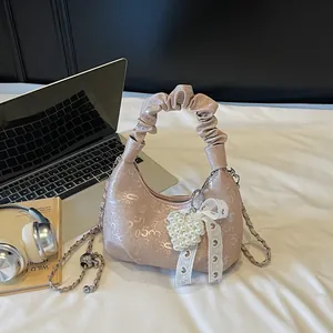 Women Niche Pleated Handbag PU Leather Digital Print Fashion Chain Shoulder Crossbody Bag Artificial Pearl Heart Pendant Lace Bow