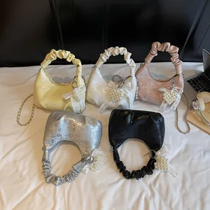 Pleated shoulder bag with chain strap and pearl heart charm in five assorted colors