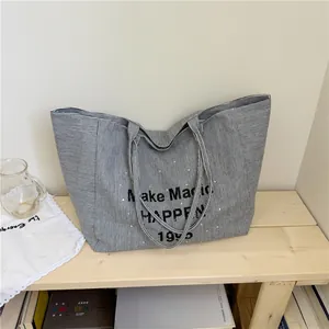 Women Fashion Canvas Tote Bag Large Capacity Striped Letter Print Casual Shoulder Handbag For Everyday School Commuting