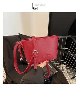 Macro shot of red lychee pattern leather handbag featuring fashion embossed text detail