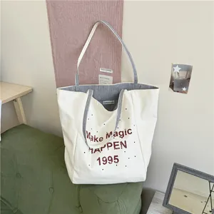 Striped canvas tote bag with letter print, large capacity for daily commute and casual use