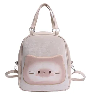 Chic cream tote bag with cartoon cat pocket for student commuting and daily use