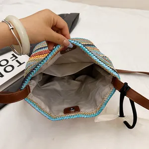 Colorful rainbow straw woven bucket bag with leather strap and magnetic closure