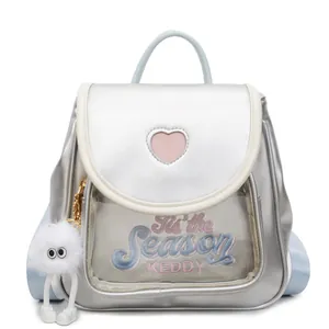 Cute silver girl's Ita bag with pink heart, PVC window and plush monster keychain