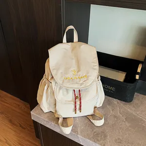 Mochila de Lona Casual para Mujer Bordado de Letras Mochila Escolar Preppy Gran Capacidad Tapa Simple con Cordón Bolso de Viaje Diario