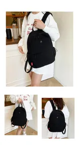 Drei Ansichten eines schwarzen, leichten Nylon-Rucksacks für Pendeln und Reisen