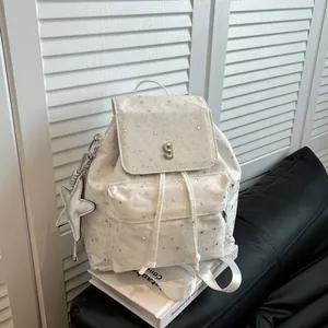 Women Fashion Nylon Star Print Backpack Retro Korean Style Drawstring Flap Backpack For School Travel With Star Pendant