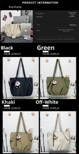 Infographic showing large capacity nylon tote bag dimensions and four color options