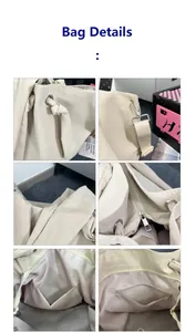 Detail view of beige canvas tote bag with adjustable shoulder strap and zip closure