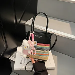 Borsa a Secchiello in Paglia Intrecciata Stile Coreano Colore a Contrasto Donna Moda Estate Spiaggia Tracolla Vacanza Viaggio