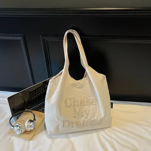 Borsa tote minimalista in tela beige con ricamo 3D per il pendolare quotidiano