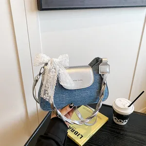 Women's Fashion Denim Underarm Bag With Sweet Lace Bow Silver Metallic PU Leather Flap Braided Handle Shoulder Crossbody Bag