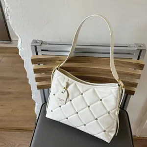 Women Fashion Quilted PU Leather Underarm Bag Glossy Rhombic Pattern Shoulder Bag With Metal Studs And Adjustable Strap Korean Style Trendy Crossbody Bag For Daily Use