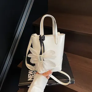 Women Korean Style PU Leather Bucket Bag Minimalist Mini Handbag With Flower Charm Crossbody Shoulder Bag For Daily Use
