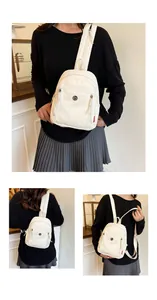 Detaillierte Ansichten eines weißen Canvas-Minirucksacks in Front-, Rück- und Seitenansicht