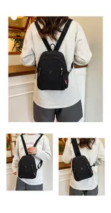 Detailansicht eines schwarzen Mini-Rucksacks aus Nylon mit mehreren Taschen und Gurten
