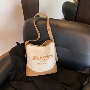 Sac Seau à Bandoulière en Toile et Similicuir pour Femme Grande Capacité Mode Imprimé Lettres Décontracté Fourre-Tout