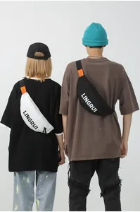 Detail showing black and white Oxford fabric chest bags with LINGRUI letter printing