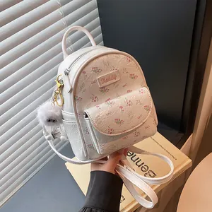 Women's Mini PU Leather Backpack Floral Bow Print Japanese Sweet Style Fashion Shoulder Bag With Plush Monster Pendant