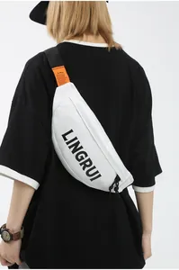 Detail view of white nylon crossbody bag with black LINGRUI lettering and orange tag