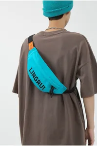Detail of teal Oxford fabric chest bag with orange tag and LINGRUI brand logo