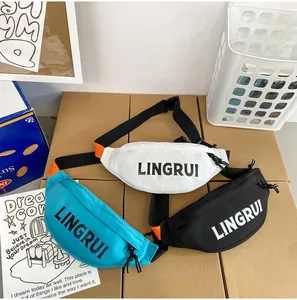 Detail of waterproof oxford chest bags in white, blue, and black with adjustable straps