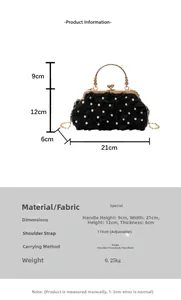 Detailed size specifications for the black floral satin evening bag with pearl accents