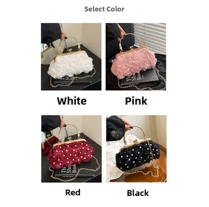 Detailed grid view showing white, pink, red, and black pearl floral evening bags with gold chains