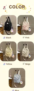 Detail view of colorful canvas mini bags featuring large bows and plush charms