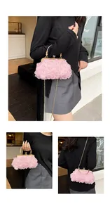 Detailed views of pink 3D floral evening bag with white pearls and gold chain strap