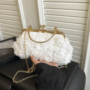 Rose Flower Artificial Pearl Evening Clutch Bag For Women Elegant 3D Floral Banquet Party Handbag With Gold Metal Handle Chain Strap