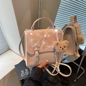 Women's Fashion Shiny PU Leather Backpack Sweet Rhinestone Bow Handbag With Bear Charm Korean School Bag For Girls