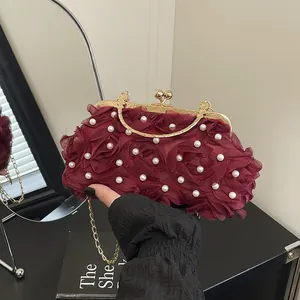 Elegant burgundy floral evening clutch bag with 3D chiffon roses and pearl accents