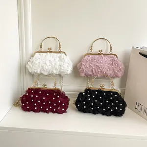 Elegant shell-shaped evening bags with 3D fabric roses and pearls in four classic colors